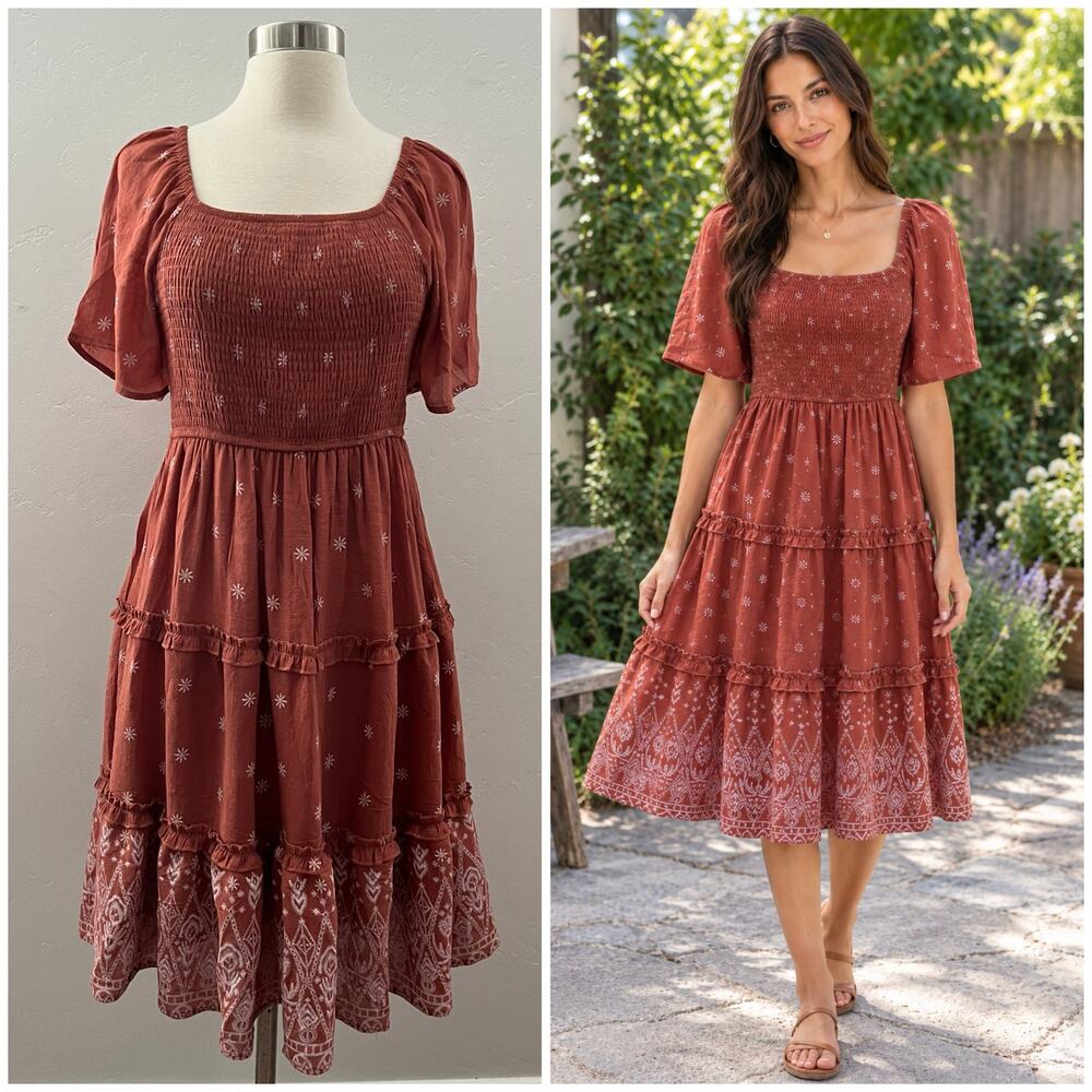 Anthropologie Kindred Embroidered Tiered Smocked Midi Dress in Rust Size PL NEW